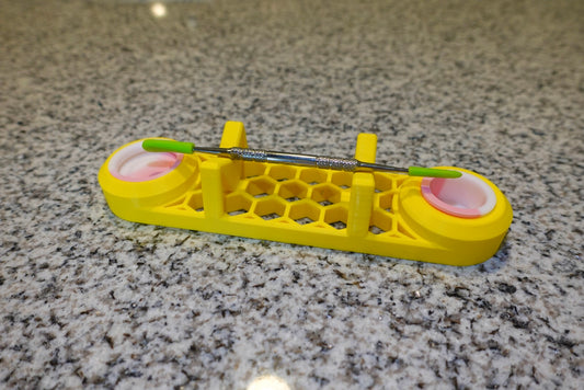 Heady Prints 3D printed yellow dab tool with pink circular components, session accessory