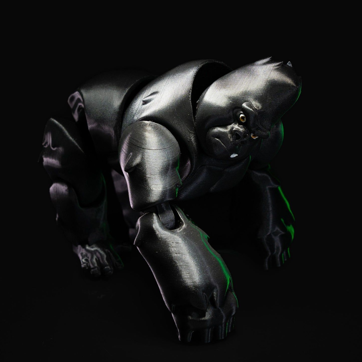 Heady Prints 3D printed black and green gorilla, three quarter view