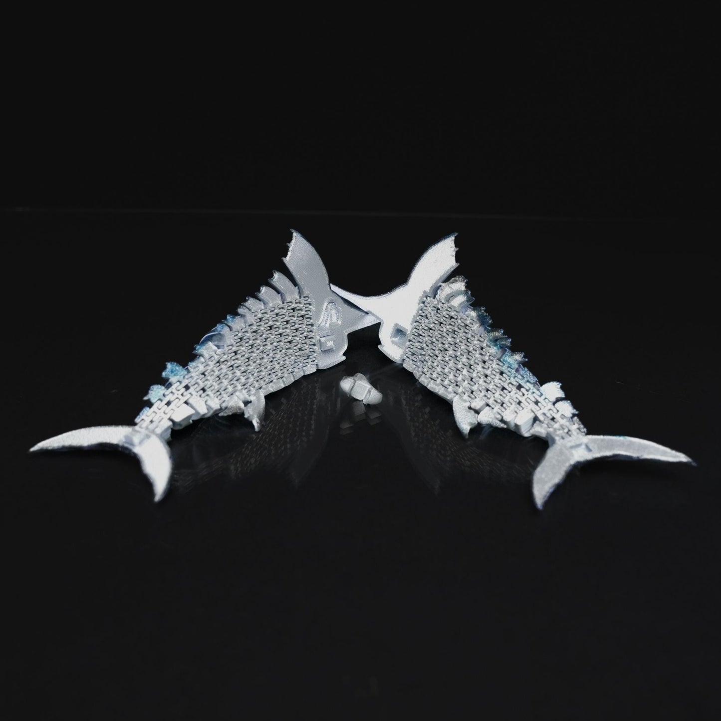 Heady Prints 3D printed blue and silver marlin fish figurine, top view
