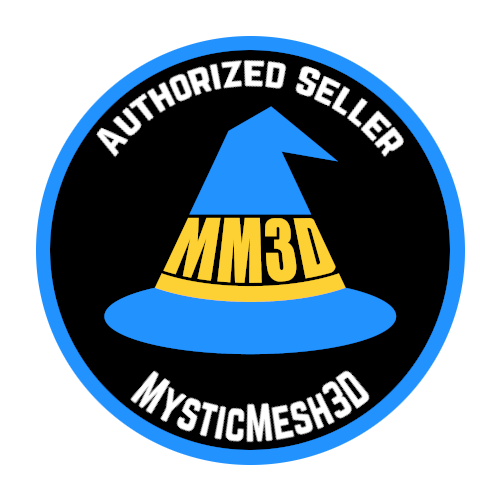 Logo with a blue hat and 'MM3D' text, surrounded by 'AUTHORIZED SELLER MYSTICMESH3D' text on a black background.