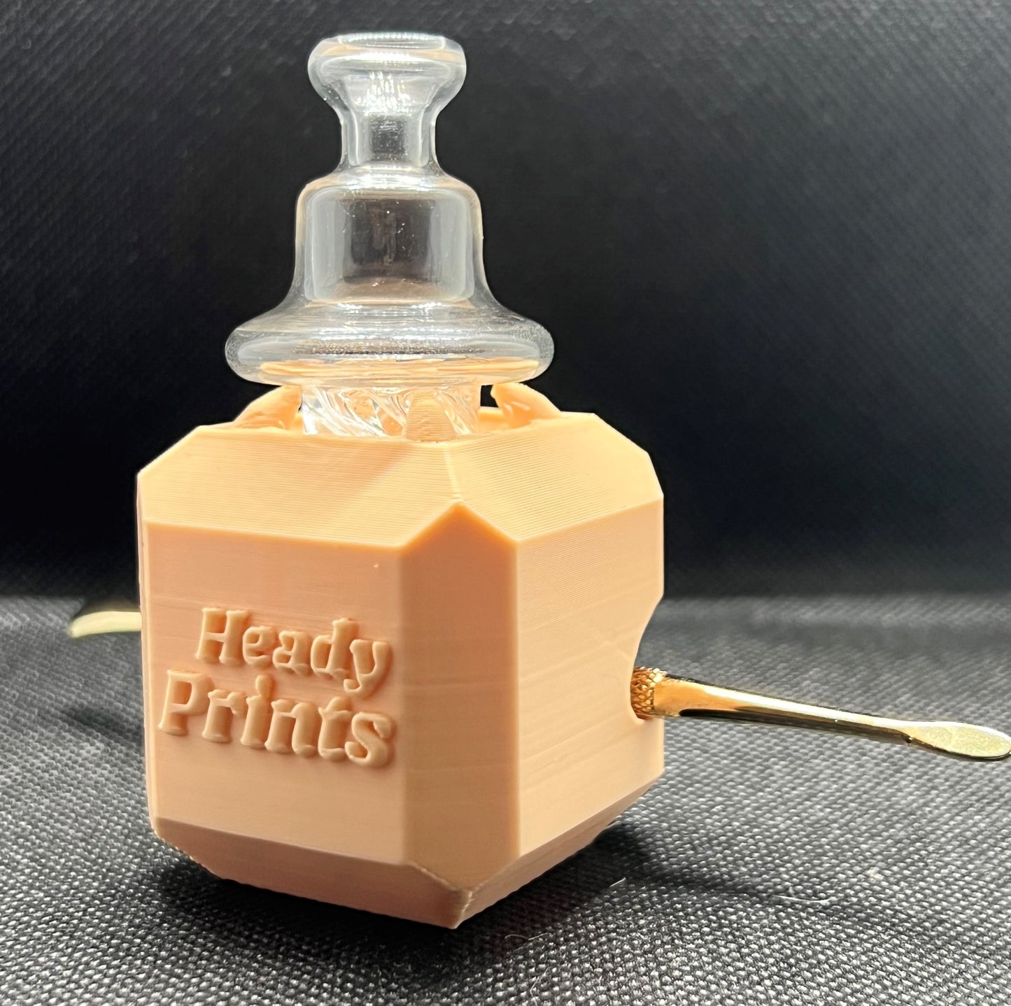Heady Prints 3D printed salmon heady cube, front view with clear carb cap