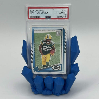 Heady Prints 3D printed blue Crystal PSA Slab Holder, staged front view with graded card