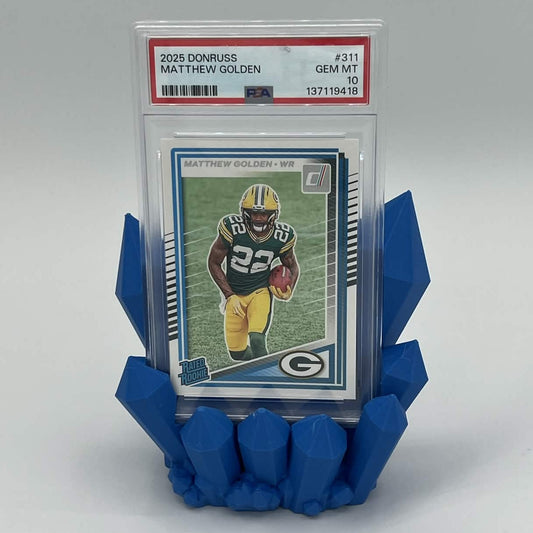 Heady Prints 3D printed blue Crystal PSA Slab Holder, staged front view with graded card