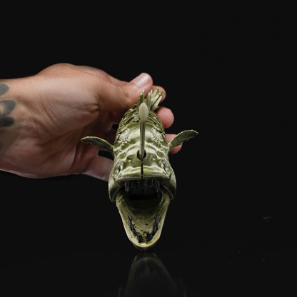 Heady Prints 3D printed gold anglerfish, close up face
