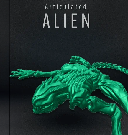 Heady Prints 3D printed green articulated alien, promo