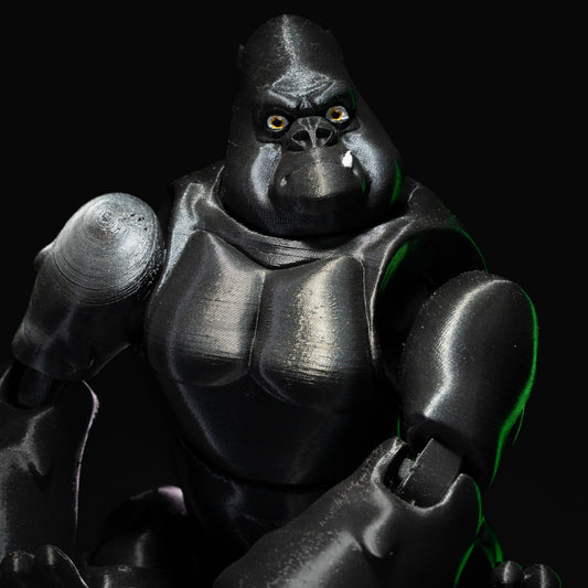 Heady Prints 3D printed black articulated gorilla, close up