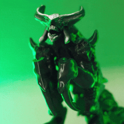 Heady Prints 3D printed green articulated kaiju monster figurine, animated product view