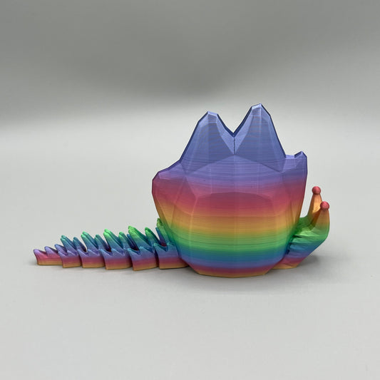 Heady Prints 3D printed multicolor articulated spike snail, three quarter view