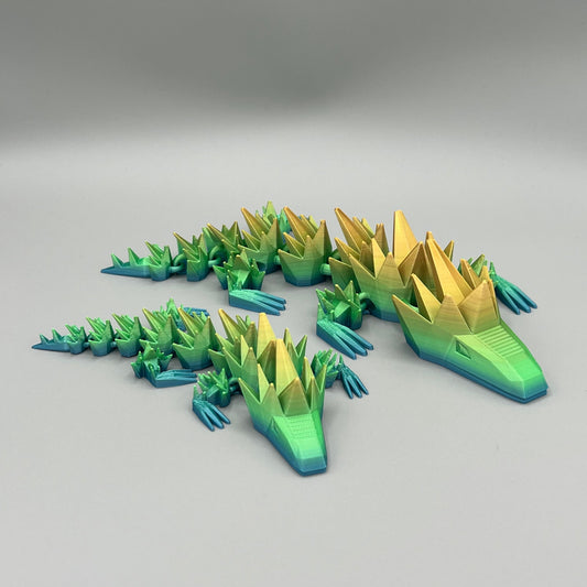 Heady Prints 3D printed green and yellow articulated spikey lizard, promo