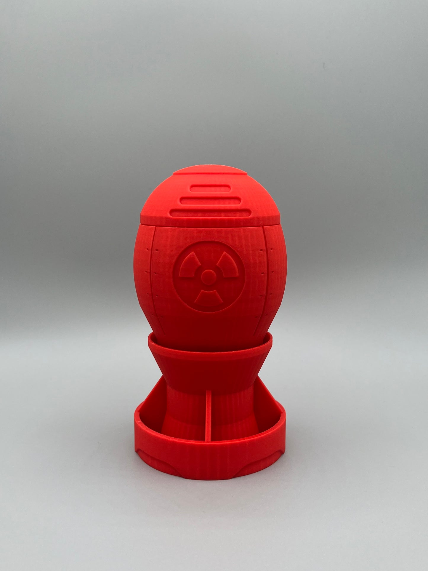 Heady Prints 3D printed red atomic bomb secret box, front view