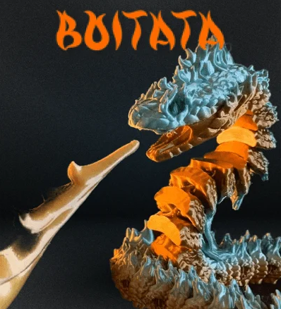 Heady Prints 3D printed teal and orange Boitata articulated snake figurine, desk companion