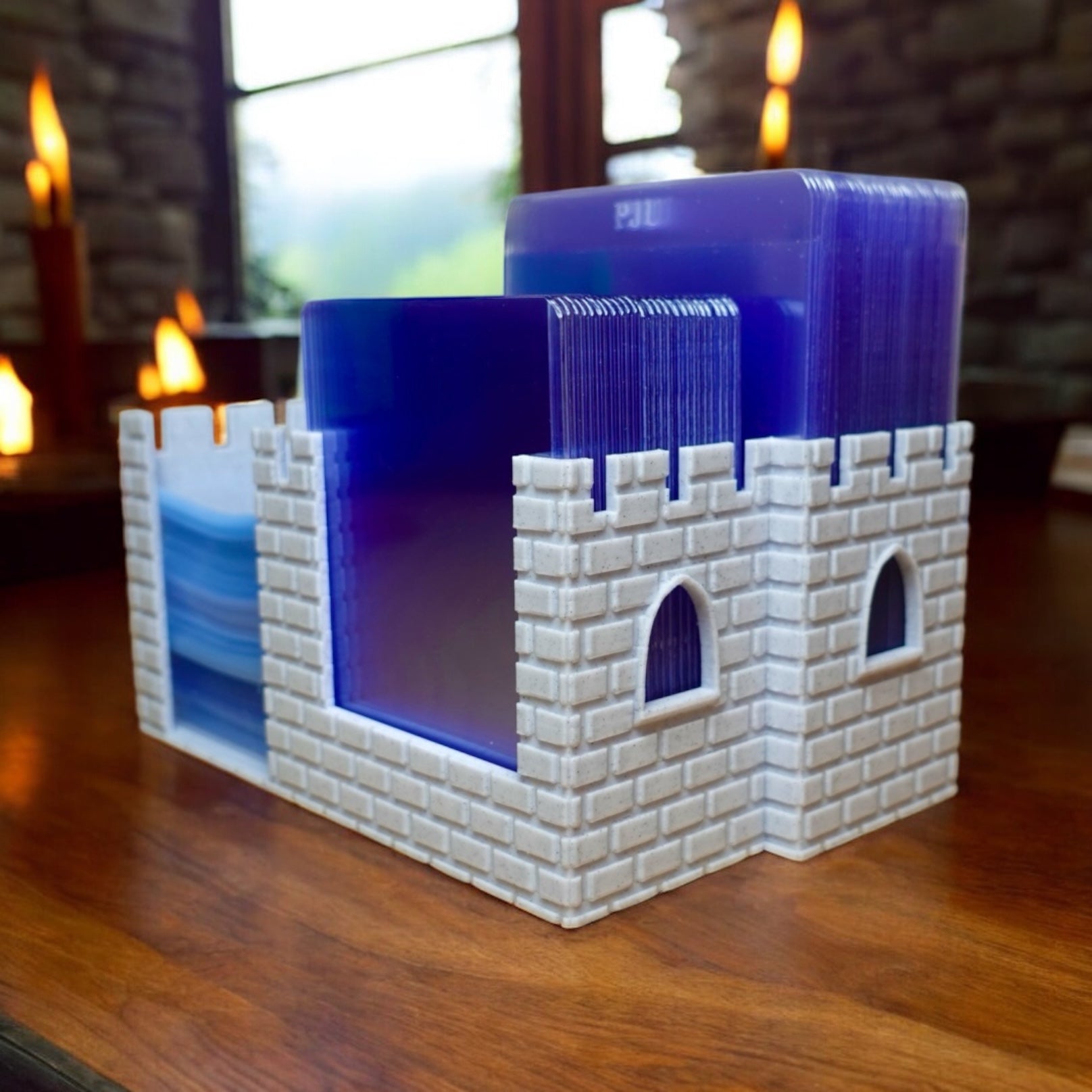 Heady Prints 3D printed blue castle shaped card holder, tabletop essential