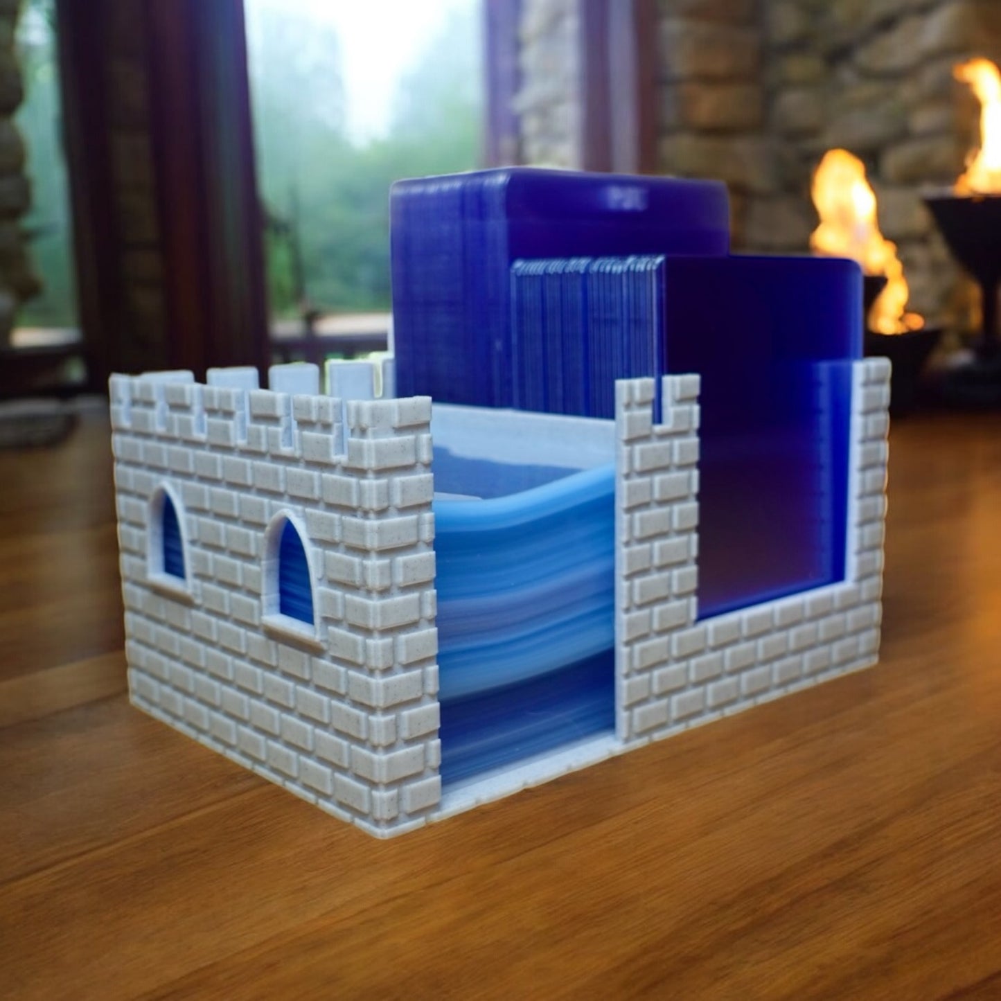 Heady Prints 3D printed castle card holder with blue interior, tabletop essential