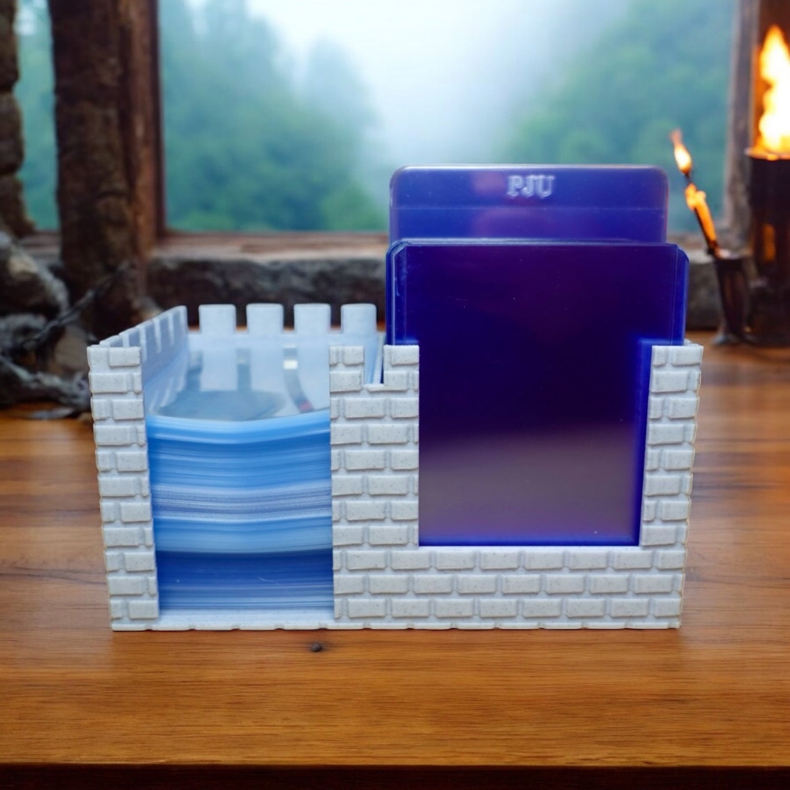 Heady Prints 3D printed white brick castle card holder with blue trading cards, tabletop essential