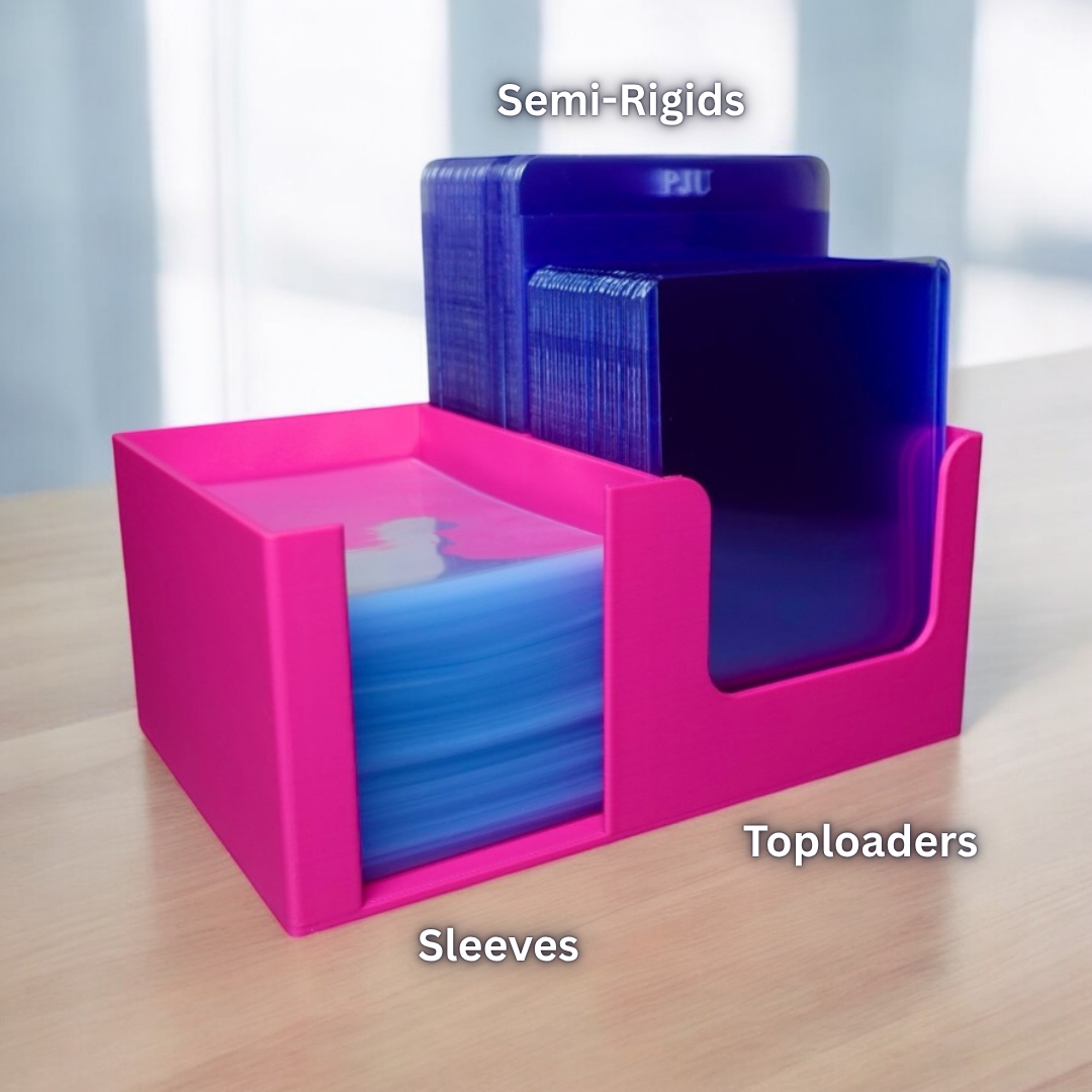 Heady Prints 3D printed pink and blue deluxe card holder with labeled sections for semi-rigids, toploaders, and sleeves