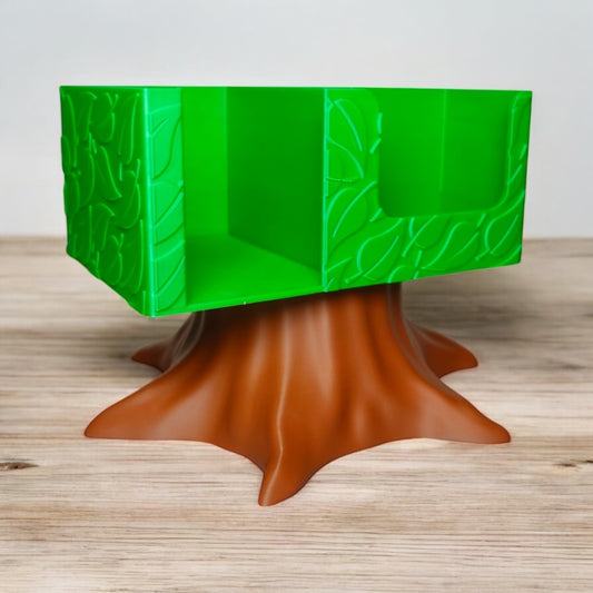 Heady Prints 3D printed green tree shaped card holder with brown base, tabletop essential