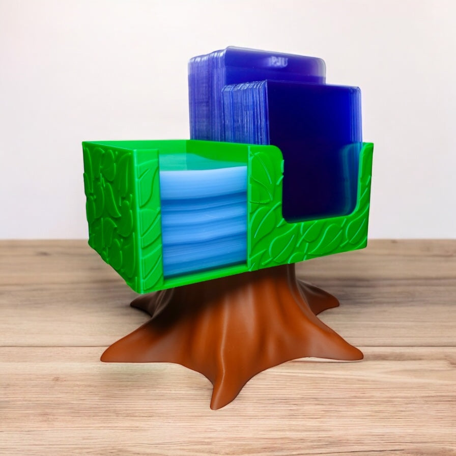 Heady Prints 3D printed green and brown treehouse card holder with blue trading cards