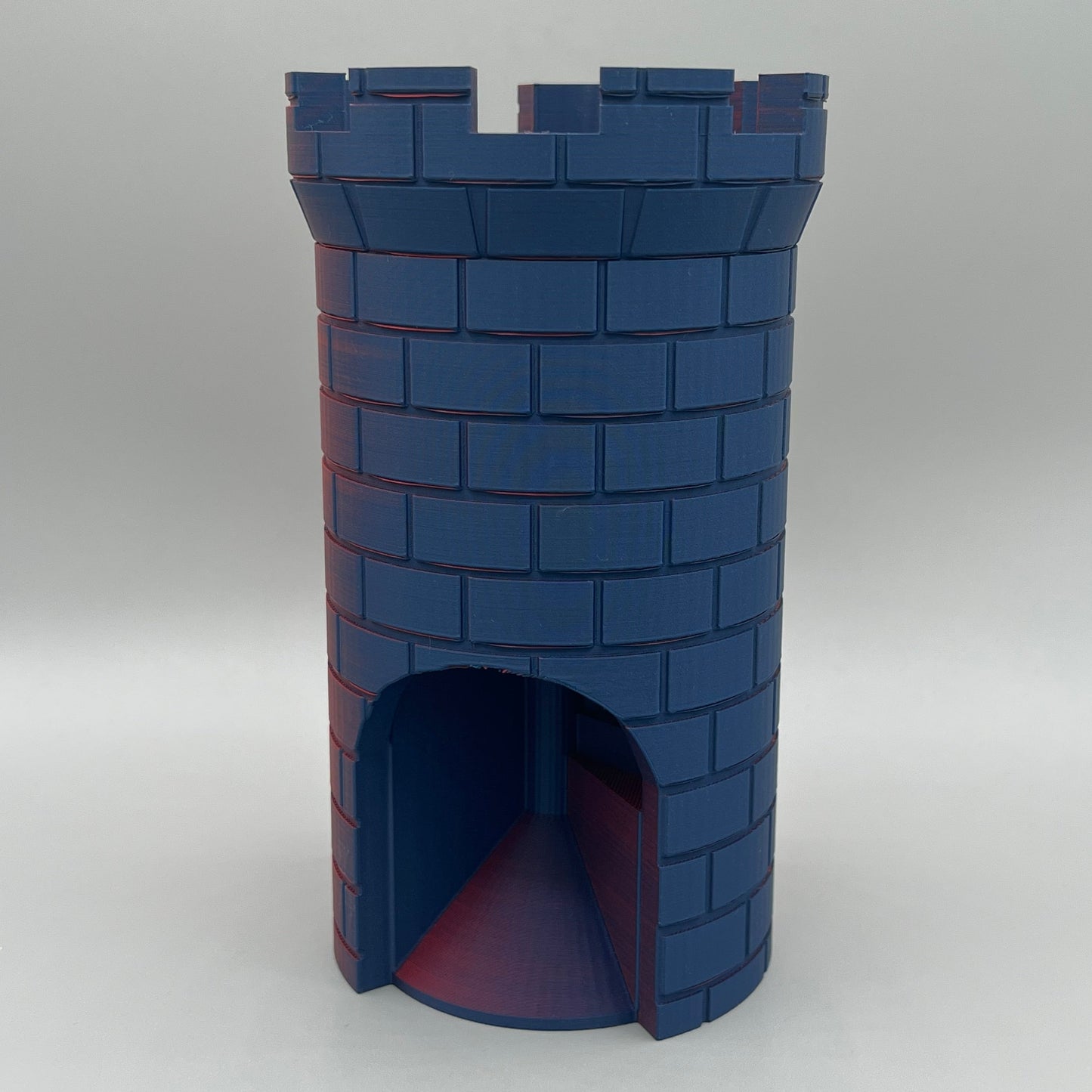 Heady Prints 3D printed blue castle dice tower, front view