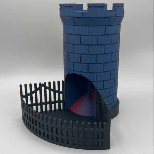 Heady Prints 3D printed blue castle dice tower, side view