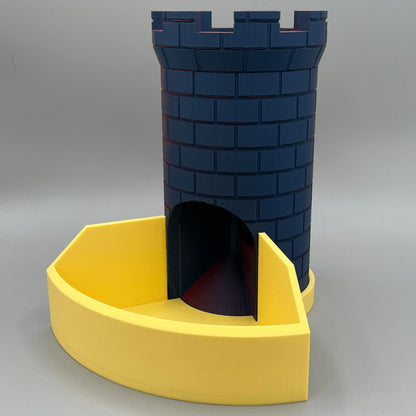 Heady Prints 3D printed blue and yellow castle dice tower, angled view