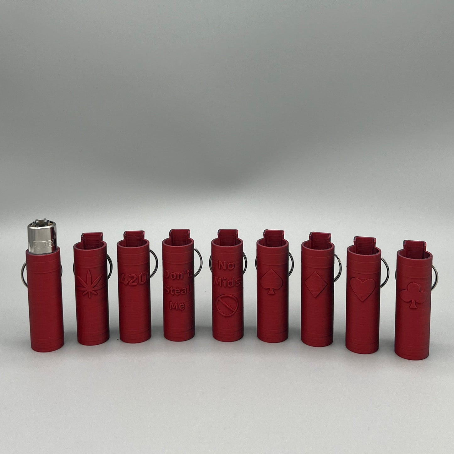 Heady Prints 3D printed red clipper lighter keychain case, group shot