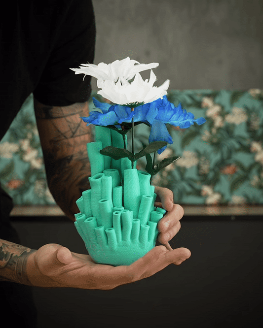 Heady Prints 3D printed pink and teal coral vase, animated