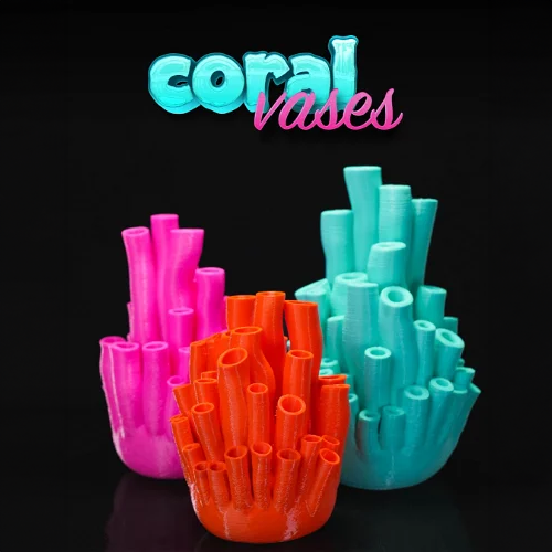 Heady Prints 3D printed pink orange and teal coral vases, promo