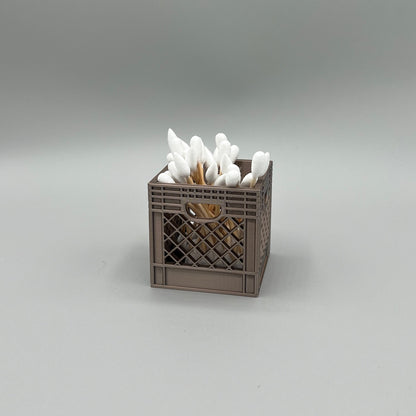 Heady Prints 3D printed brown crate desk organizer, filled, cotton swabs, angled view