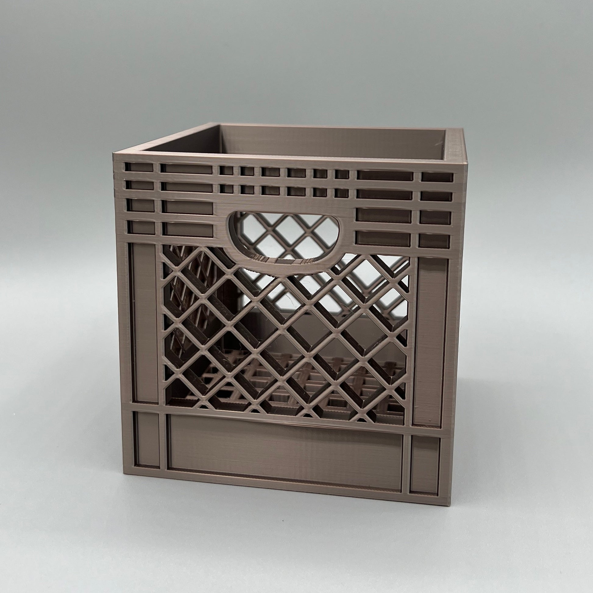Heady Prints 3D printed brown crate desk organizer, close up