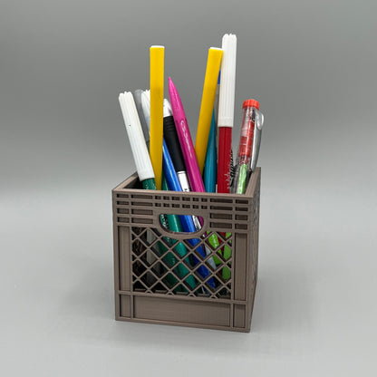 Heady Prints 3D printed brown crate desk organizer, with pens