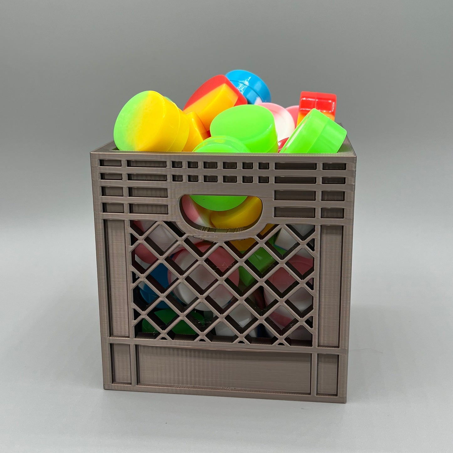 Heady Prints 3D printed brown crate desk organizer, with slicks