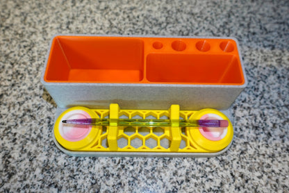 Heady Prints 3D printed orange and gray dab container with yellow vented lid, session accessory