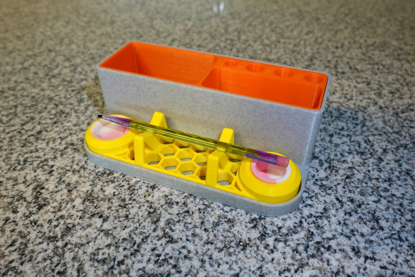 Heady Prints 3D printed yellow and purple dab tool rest with orange holder, session accessory
