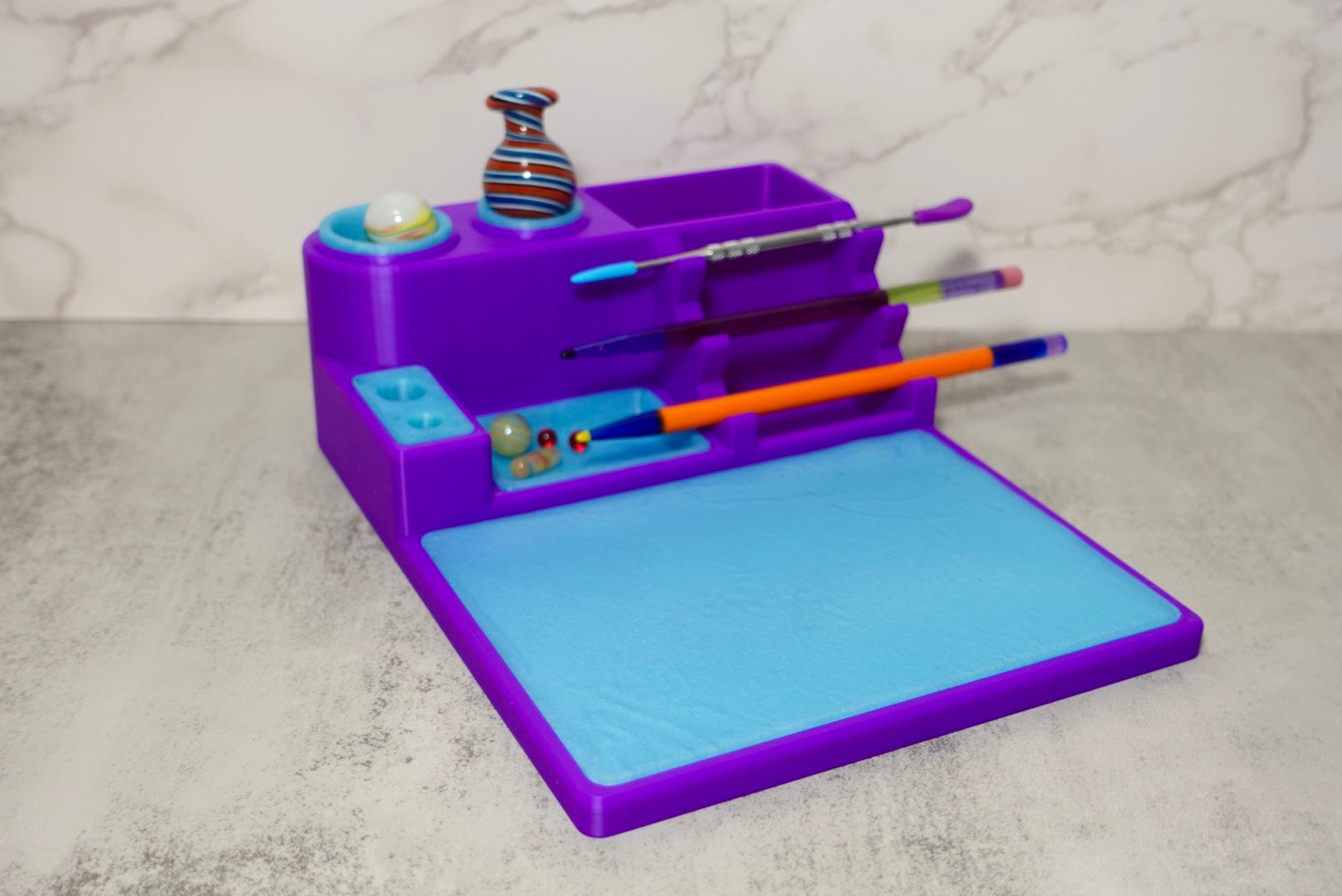 Heady Prints 3D printed purple desk organizer with stationery, desk companion