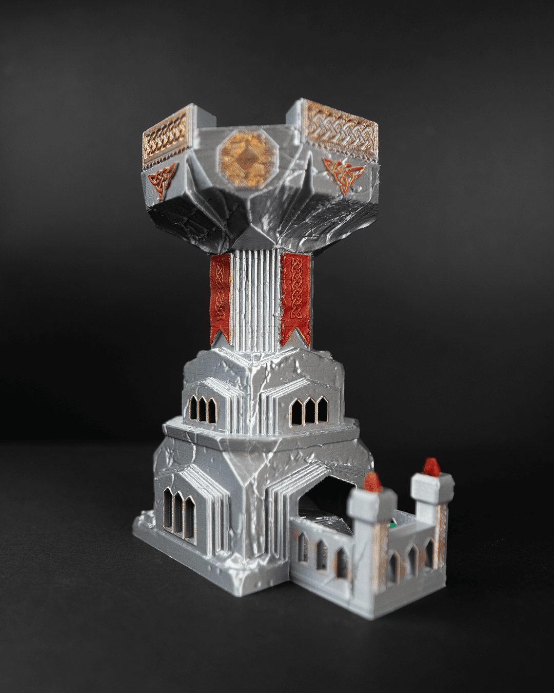 Heady Prints 3D printed multicolor dwarven dice tower, angled view