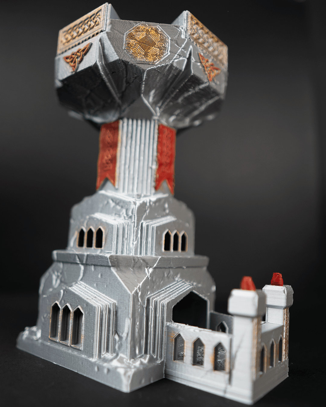 Heady Prints 3D printed multicolor dwarven dice tower, front view