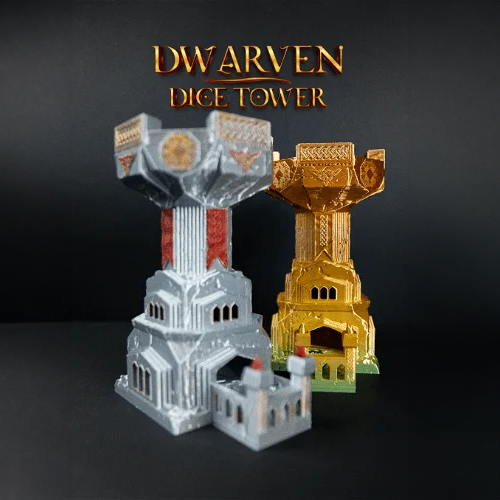 Heady Prints 3D printed white and gold dwarven dice tower, promo