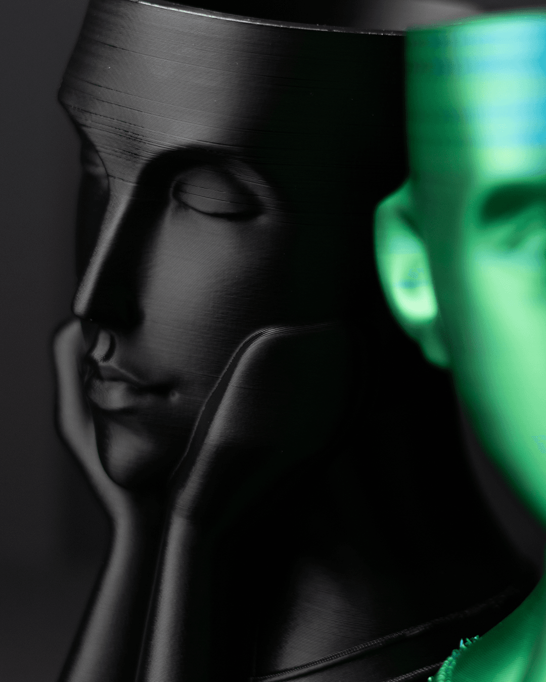 Heady Prints 3D printed black face vase, close up view
