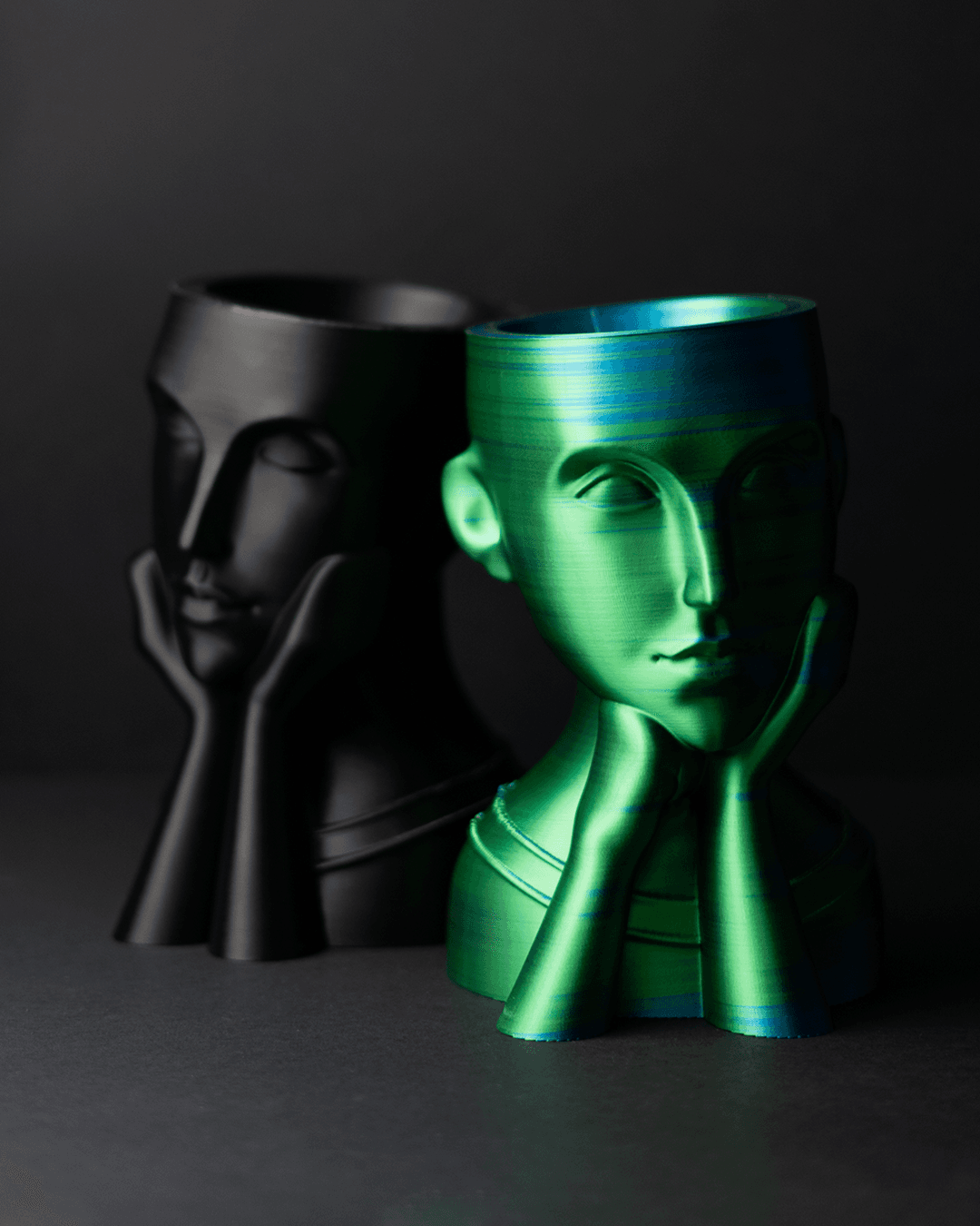 Heady Prints 3D printed black face vase, front view