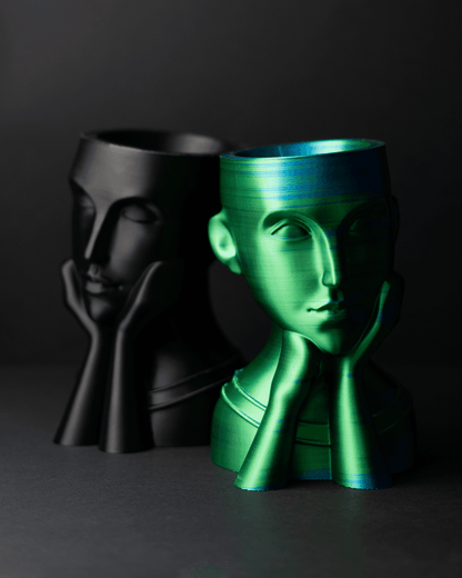 Heady Prints 3D printed black face vase, front view