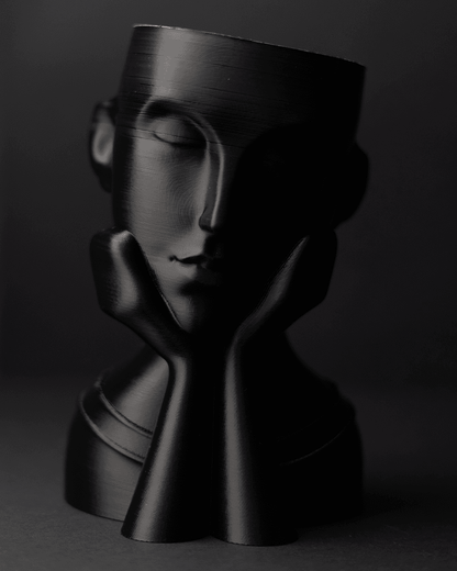 Heady Prints 3D printed black face vase, side view