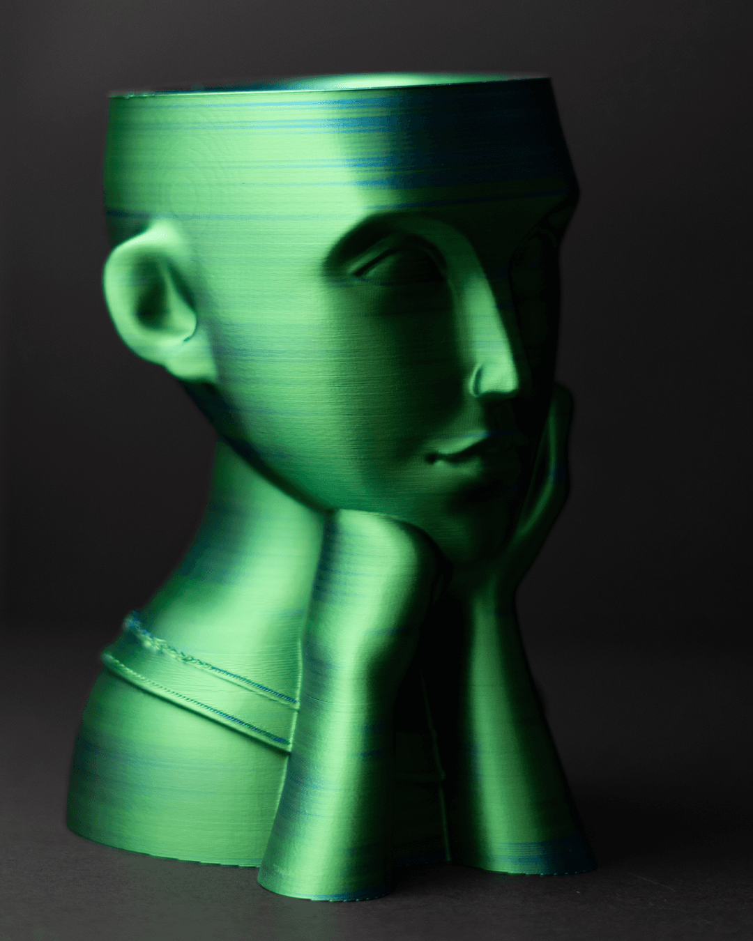 Heady Prints 3D printed green face vase, side view