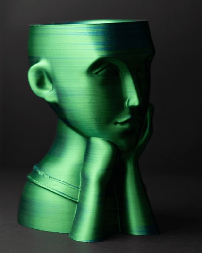 Heady Prints 3D printed green face vase, side view