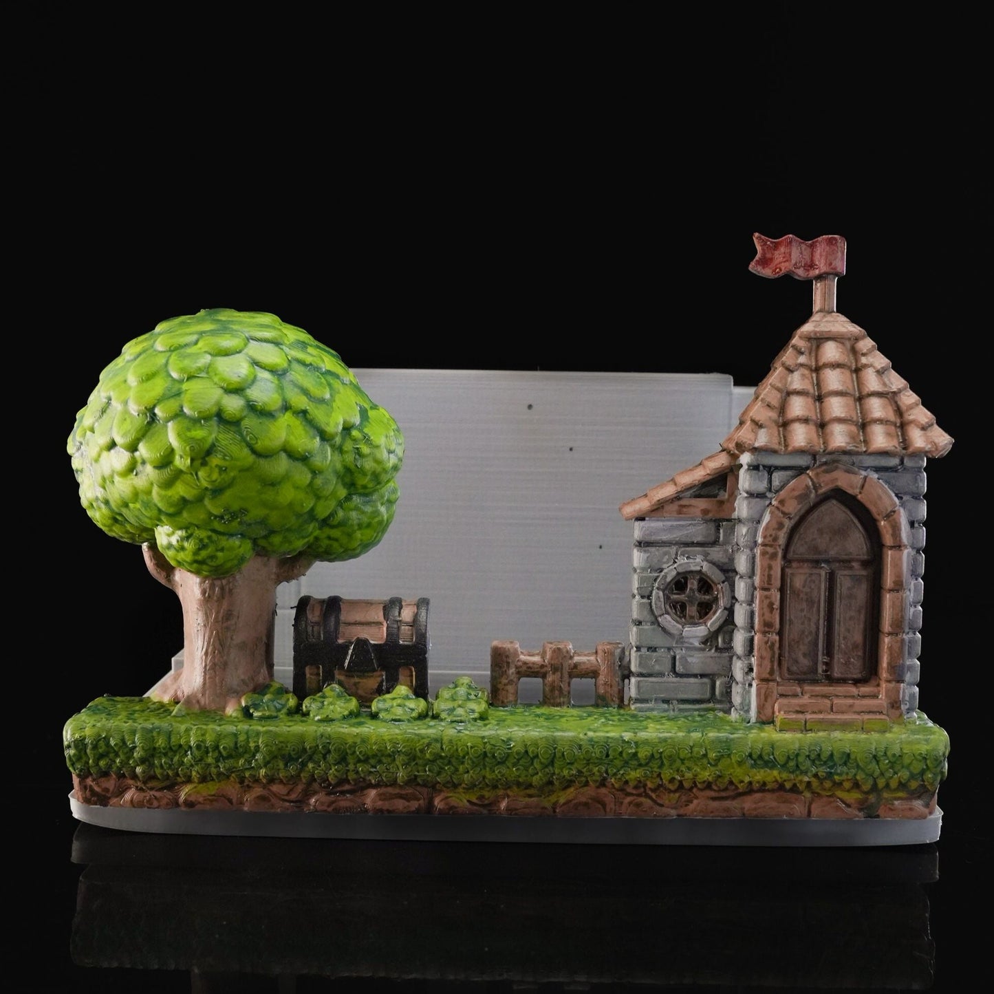 Heady Prints 3D printed Fantasy console holder with medieval village, angled view
