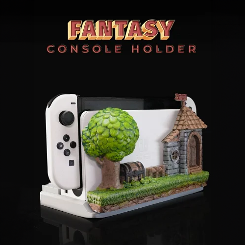 Heady Prints 3D printed Fantasy console holder with medieval village, Nintendo Switch desk accessory