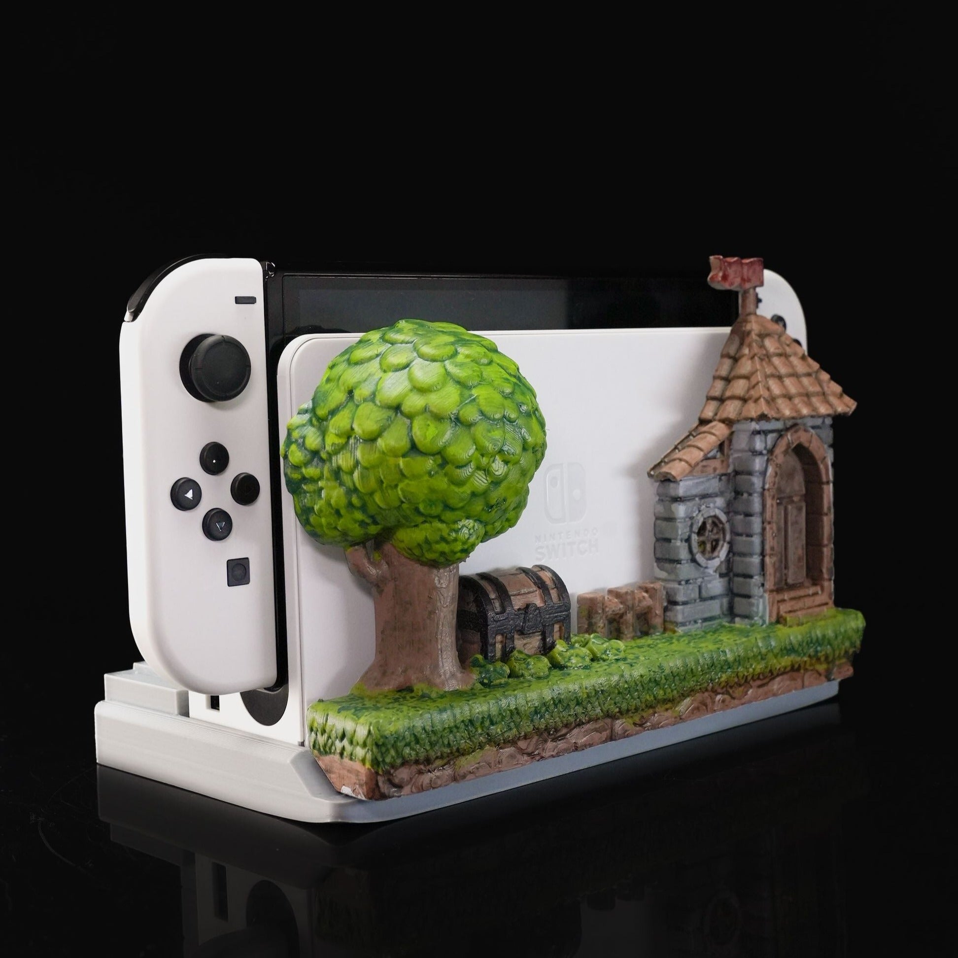 Heady Prints 3D printed Fantasy console holder with tree and cottage, side view