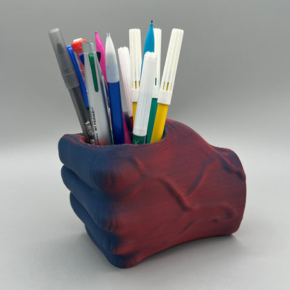 Heady Prints 3D printed red and blue fist pencil holder, with pens