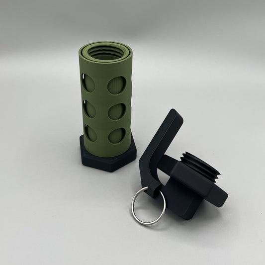Heady Prints 3D printed green and black flashbang stash container, promo