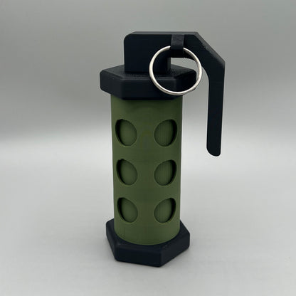 Heady Prints 3D printed green and black flashbang stash container, side view