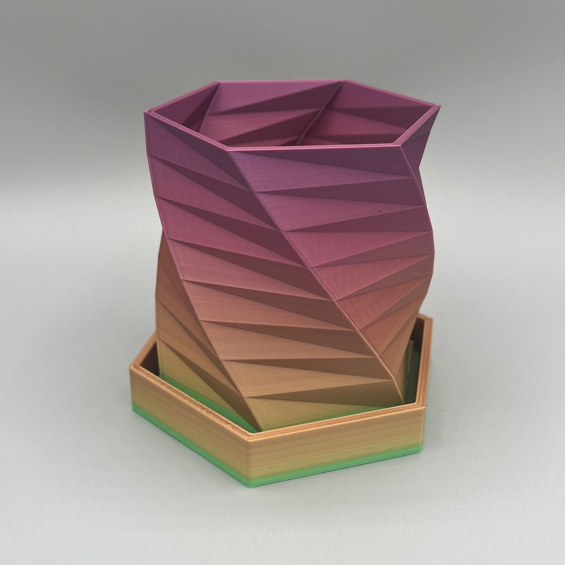 Heady Prints 3D printed pink and gold geometric planter, side view